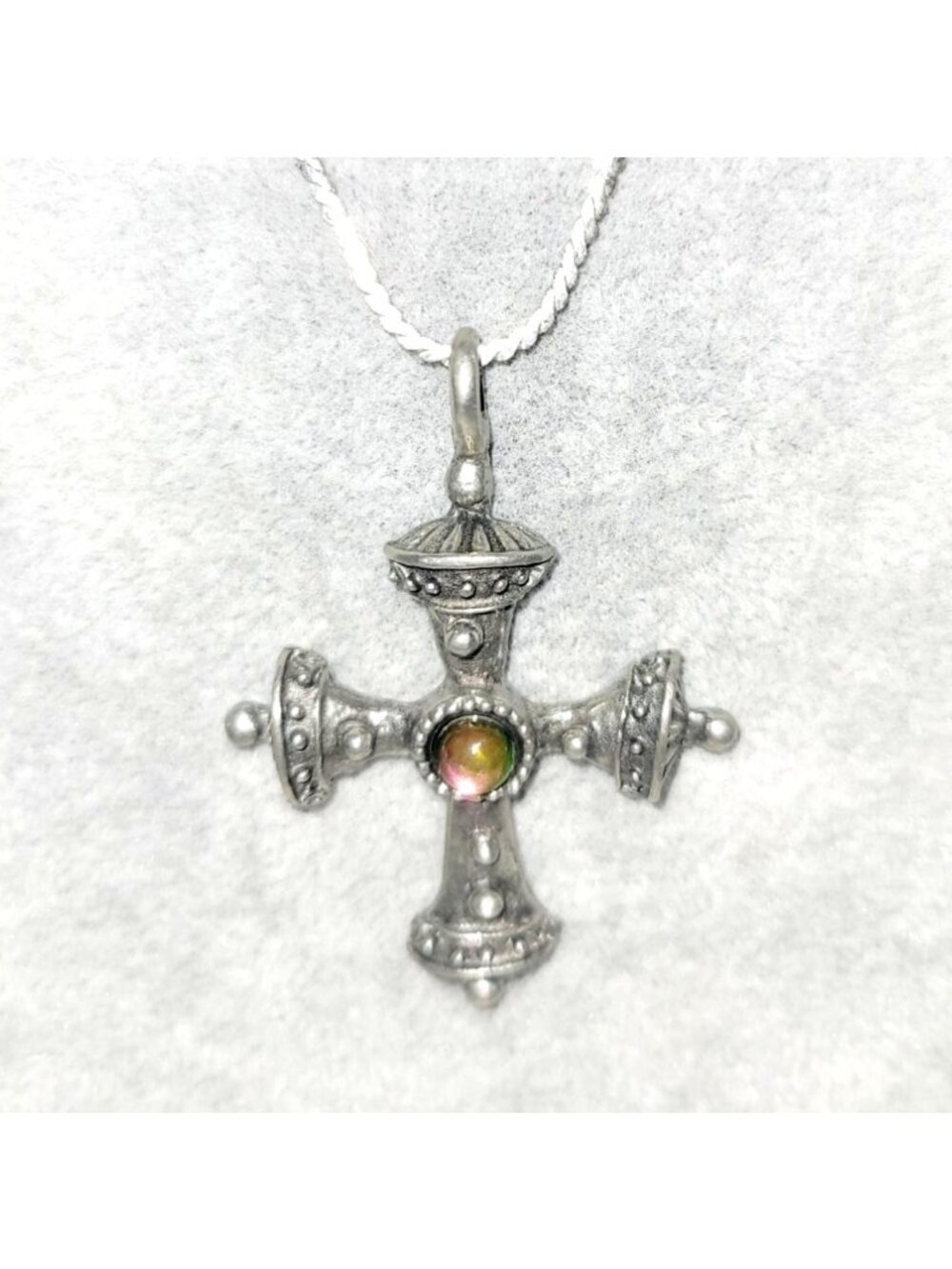 Vintage Gothic Cross Pendant and Monet Silver Chain Aurora Borealis Bead 19"